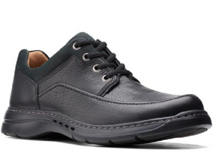 Black leather casual walking shoe with smooth leather upper and nubuck trim around padded heel collar.