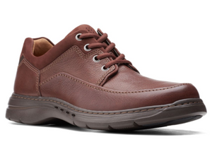 Brown leather casual walking shoe with smooth leather upper and nubuck trim around padded heel collar.