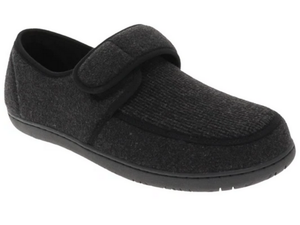 Morgan is one of the men's favourite slippers.  This fabric slipper has a velcro strap to snug the heel in place, and adjust to the perfect fit.  Nice walking sole that gives stability when walking.  The grey slipper with stripped decorative plug on top looks great and feels great.