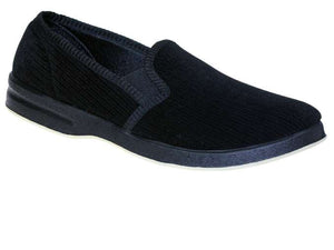 This timeless black fabric slip on men's slipper with two elastic gores for a great fit.  Comes in medium and wide widths