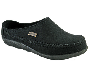 Men's slipper with hard sole, wool upper in black, slip on style for easy on and off, supportive Haflinger