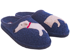 Whose got your bone?  slippers from Halfinger with doggies on boiled wood navy, 