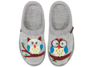 Hoot, Hoot!  Olivia the Owl  is calling letting you know that she is the cutest ladies slipper with grey boiled wool upper, supportive sole from Haflinger.