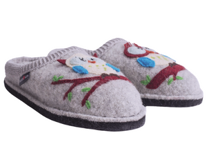Owl slippers for women, wool upper with two owls on the front sitting on branches, cute and great gift idea