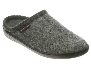 Men and Ladies slipper, hard sole, slip on, boiled wool, grey speckle, supportive footbed