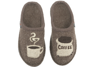 Haflinger slipper for men and women, boiled wool upper with coffee cup and coffee bean bag image, supportive footbed, slip on slipper, fun, great as gift, brown