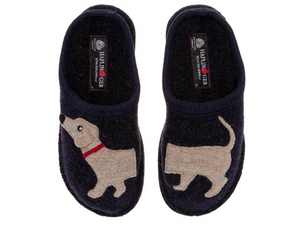 Navy blue boiled wool split doggie slipper for ladies, supportive footbed, non slip bottom, great for gifts Haflinger