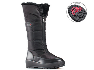 Tall nylon boot with leather trim around the bottom for durability and easy to clean.  Front zipper opening with turn down fur collar.