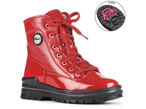 Red patent leather boot that is absolutely gorgeous!  Laces from top of foot all the way up to the ankle.  Broken into four sections by two rows of stitching.  