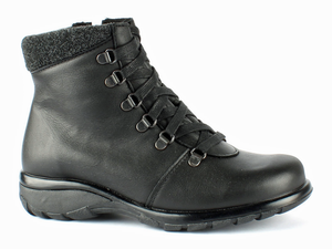 A nice and tidy black leather lace up and zipper entry boot keeps your feet dry and warm.