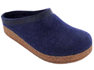 Ladies clog style slipper, captain's blue boiled wool upper with leather trim, cork footbed for support, rubber non marking sole for comfort, Haflinger