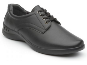 Black leather lace up walking shoe featuring padded collar, cushioned sole and a nice clean look. Perfect School Uniform Shoe.